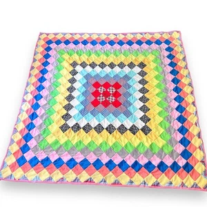 Vintage 1970s Quilt Patchwork Handmade 72”x74” Bedding Spread Groovy Polyester - Picture 1 of 7