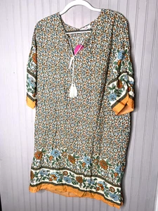 Halife Dress Womens XL Yellow Floral Boho Tunic Tassel Sleeve Summer Lightweight - Picture 1 of 12