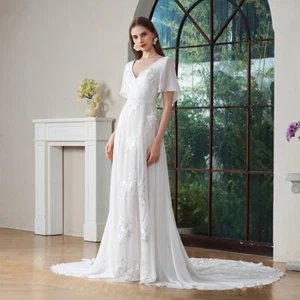 Sexy Boho V Neck Lace Short Sleeve Chiffon Bohemian Beach Women Wedding Dress - Picture 1 of 11
