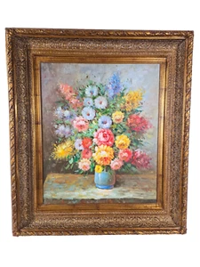 Still Life Oil Painting On Canvas Peony Flowers  Vase Frame VTG 30x34 - Picture 1 of 11