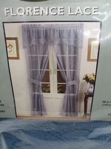 New Florence Lace 58 x 63 blue Panel curtains, attached valance, 2 tie backs - Picture 1 of 3
