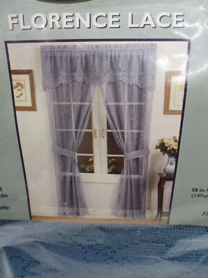 New Florence Lace 58 x 63 blue Panel curtains, attached valance, 2 tie backs - Image 1 of 3