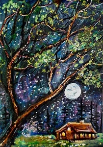 ACEO Original PAINTING Spring TREE Night Sky Moon CABIN Nature Landscape ATC ART - Afbeelding 1 van 1