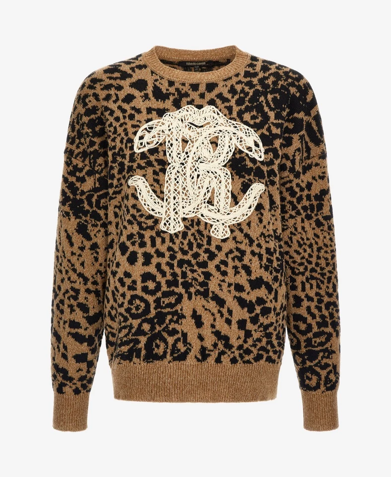 Roberto Cavalli Wool Cashmere Sweater With Monogram Jaguar Skin Print XS - Image 1 of 4