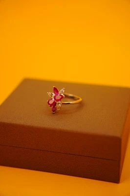 African Ruby & Zircon Floral Ring in Rhodium Overlay Sterling Silver size N gift - Image 1 of 4