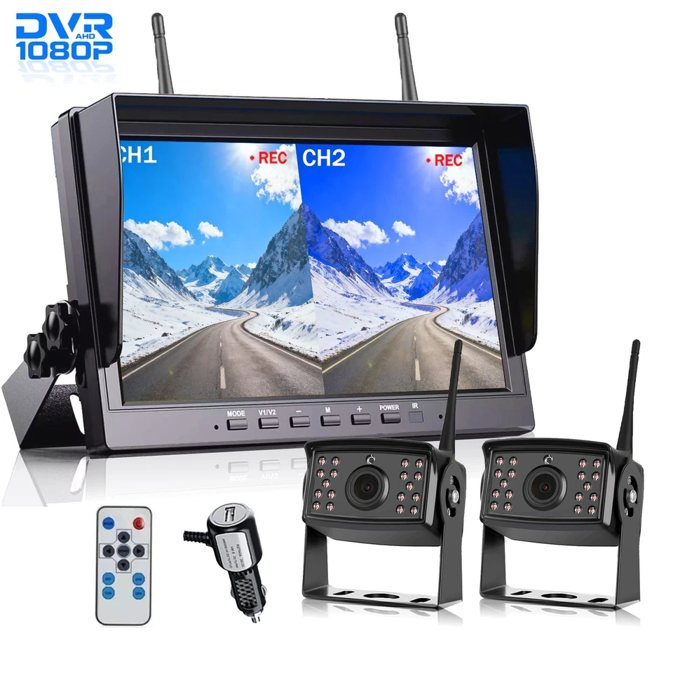 Wireless 10.1" QUAD Monitor DVR 2x AHD 1080P Backup camera for Truck RV Trailer - Image 1 of 4