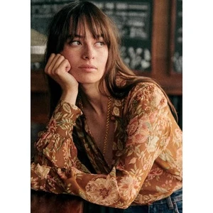 RARE Sezane Tianna Shirt FR 40 US 8 Size Large Flower Camel Brown Sheer Flowy - Picture 1 of 10