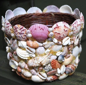 Antique Victorian SHELL ENCRUSTED WICKER PLANTER/FLOWERPOT Handmade Seaside Art - Picture 1 of 19