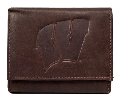 Wisconsin Badgers - Distressed Look - Embossed Dark Brown Leather Trifold Wallet Cover