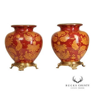 Asian Style Pair of Brass Mounted Ginger Jar Porcelain Urns - Picture 1 of 17