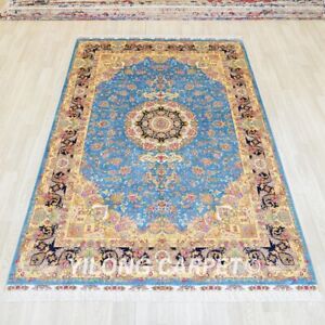6x9ft Blue Silk Area Rugs Living Room Hand Knotted Carpets Handmade ZQG268A