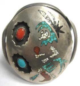 AL JOE NAVAJO STERLING SILVER SHADOW BOX INLAY CUFF BRACELET TURQUOISE CORAL LRG - Picture 1 of 18