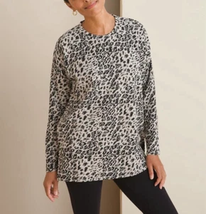 Chico's Animal-Print Knit Tunic Top Womens 2 L Stretch Cozy Textured - Picture 1 of 16