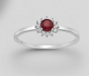 925 Sterling Silver Ruby & Cubic Zirconia CZ Flower Halo Ring - Picture 1 of 4