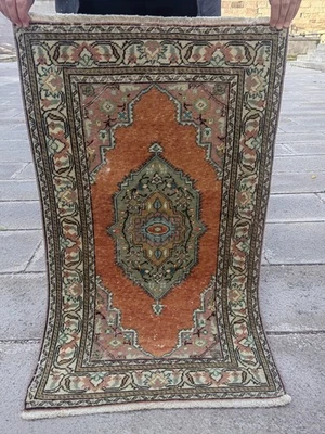 Vintage Turkish Oushak Rug 3.1x1.9 ft | Small Handwoven Wool Mat - Image 1 of 4