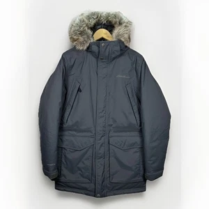 Eddie Bauer WEATHEREDGE Superior Down Parka Mens Small Blue Slate Fur Hood - Picture 1 of 13
