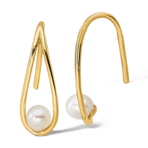 14K Solid Yellow Gold Freshwater Cultured Pearl Teardrop Dangle Earrings - Picture 1 of 3
