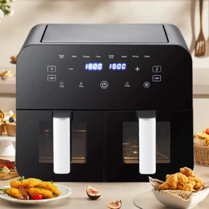 Heißluftfritteuse 4,5L*2=mit 2 Frittierfächern, Air Fryer 2400W mit Sichtfenster - Bild 1 von 13