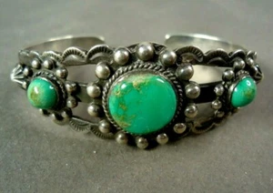 Old Unsigned Sterling Silver Cuff Bracelet w 3 Turquoise Cabochons, 28.6g - Picture 1 of 7