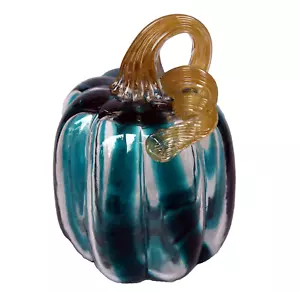 Art Glass Pumpkin TEAL BLUE & Clear STRIPED Fall Autumn Halloween 4.5" - Picture 1 of 6