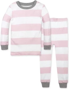 NWT Burt’s Bees Organic Cotton Unisex Kids Pink Rugby Stripe Pajamas Size 7 - Picture 1 of 7