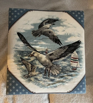 Vintage Seagull Ocean Nautical Print Fabric Photo Album 3 Ring Binder Blue White - Image 1 of 4
