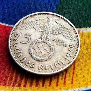 Moneta Argento 1938 A 5 Marchi Tedesca WW2 Terzo Reich Reich Reichsmark Toned - Foto 1 di 2