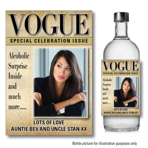 Personalised photo VOGUE VODKA GIN WINE 18th bottle label Sticker Birthday 129 - Picture 1 of 3