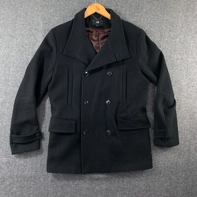 H&M Peacoat Men 40R Black Double Breasted Wool Overcoat - Image 1 of 4