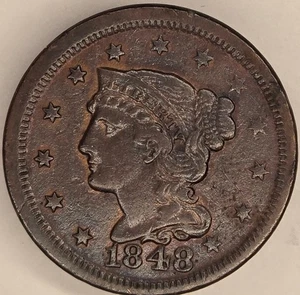 1848 Braided Hair Large Cent Red Brown RB VF+ Very Fine Plus Condition - Picture 1 of 4