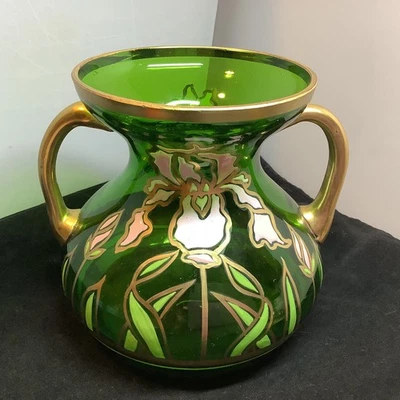 Bohemian Enameled Iris Flowers on Green Heavy Gold Gilted Double Handled Vase - Image 1 of 4