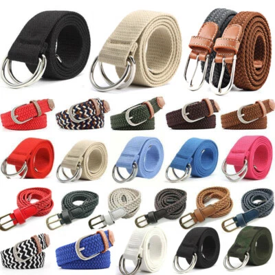 Men Women's Stretchy Braided Elastic Woven Canvas Buckle Waist Belt Waistband - Image 1 of 4