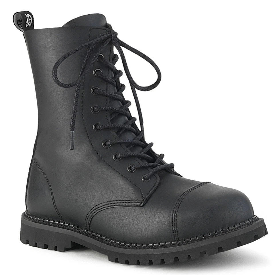 Demonia RIOT-10 10 Eyelet Unisex Steel Toe Ankle Boot Black Vegan Men's 10