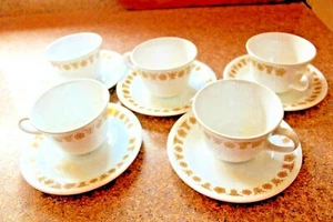 Corelle Five Coffee Mugs Cups w/Saucers Butterfly Gold Milk Glass C Ring handle - Picture 1 of 5