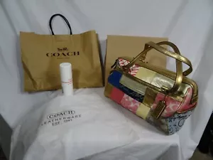 Borsa Coach Signature Logo Patchwork Pelle Manici Oro 12" x 8" - Foto 1 di 12