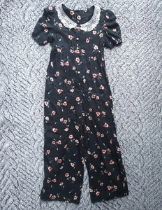 Vintage 6X Kokomo Kids USA Made Black Floral Romper Jumpsuit Lace Collar Rayon - Picture 1 of 7