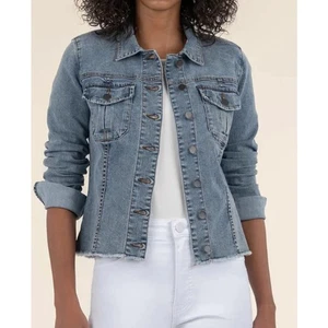 KUT FROM THE KLOTH Women's Kara Jean Jacket Medium Blue Raw Hem Stretch NWOT - Picture 1 of 10