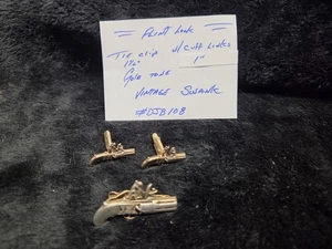 Vintage SWANK goldfarbene Feuerstein Pistolen 1950er Manschettenknöpfe & Krawattenklammer #DJB108 - Bild 1 von 7