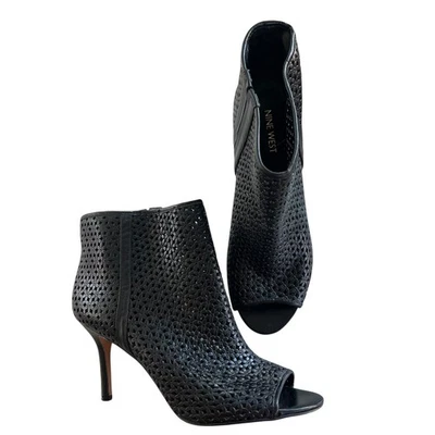 Nine West Womens 9.5 Black Leather Floral Cutout Peep Toe NWGLYN Stiletto Bootie - Image 1 of 4