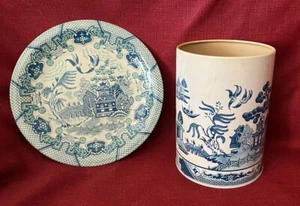 Barattolo e piatto latta metallo motivo salice blu pagode teal chinoiserie - Foto 1 di 16