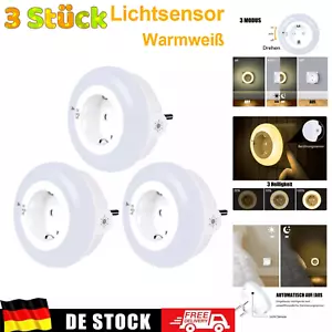 3 LED Nachtlicht Dimmbare Lichtsensor Steckdose Nachtlampe Warmweiß Kinderzimmer - Bild 1 von 22