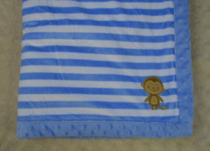 Child of Mine by Carter's Monkey Blue Stripes Baby Blanket Tan White Minky Dot