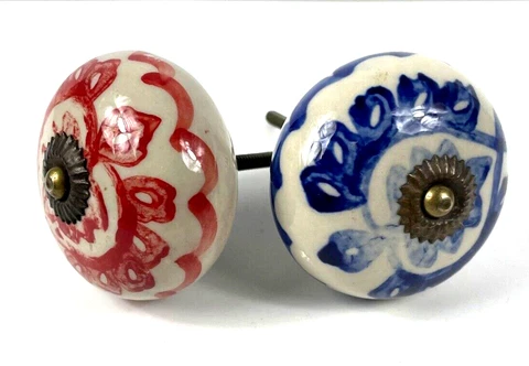 Vtg. Set of 2 Large Porcelain /Ceramic Drawer Knobs Pulls 2.5"x1.5"  1.75" bolt Cover