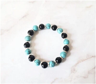 Pulseira masculina elástica com miçangas de ágata turquesa e preta 10 mm - Imagem 1 de 3