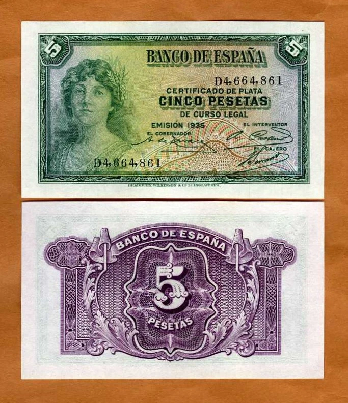 España, 5 Pesetas, 1935, P-85, UNC Mujer Foto 1 de 1