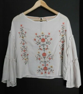 Blusa Top Xhilaration Mujer Crema Talla XS Bordada Volantes Mangas Campana Foto 1 de 4