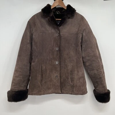 Adler Collection Suede Leather Coat Jacket Faux Fur Brown Mid Length Size M - Image 1 of 4
