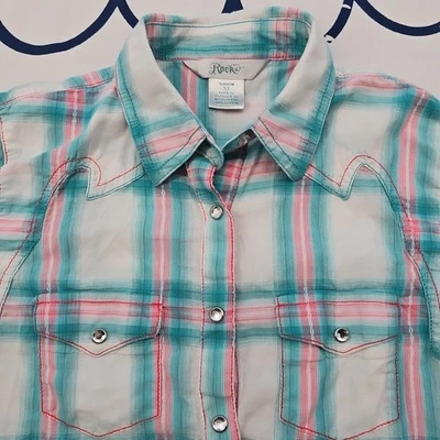 Rock 47 Wrangler Girl's Blue & Pink Snap Front Western Cowgirl Shirt Size XL - Image 1 of 4