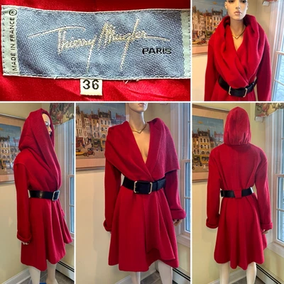 Vintage THIERRY MUGLER Size 6 /Small Red Angora/Alpaca Shawl-Hooded Belted Coat - Image 1 of 4