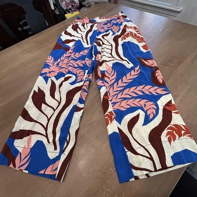 Pantalones H&M Mujer Medianos Mezcla de Lino Pierna Ancha Tropical Estampado de Hojas Cintura Elástica Foto 1 de 4